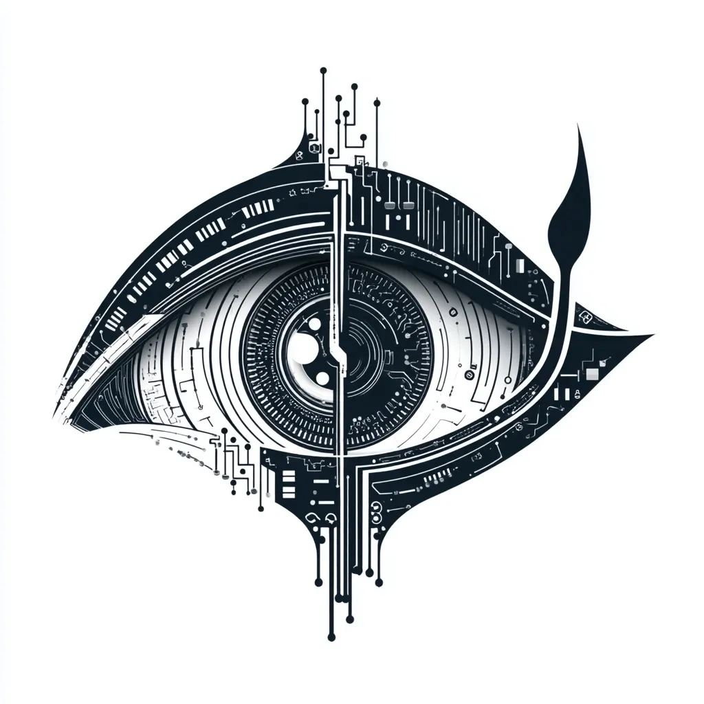 A stylized eye is depicted, bisected into contrasting halves.  One half is rendered in stark black, detailed with circuit board patterns, suggesting technological integration. The other half is lighter, more organic, hinting at a biological counterpart.  The overall design is intricate and visually striking, blending organic and technological elements into a singular, powerful image.  A trailing, flame-like element extends from the eye's outer corner.