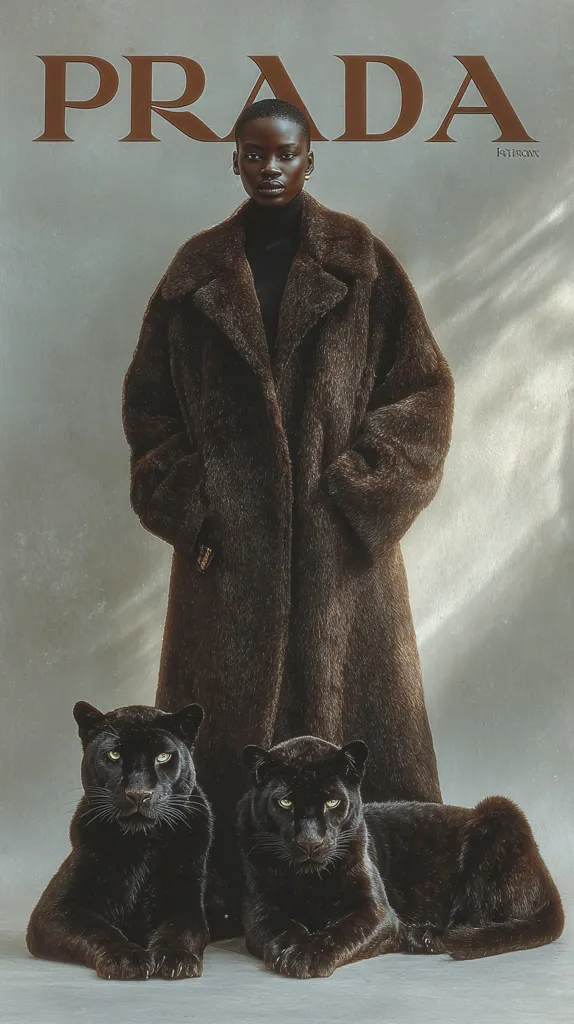 A Prada advertisement features a dark-skinned model wearing a long, brown fur coat.  She stands calmly between two black panthers, who are also positioned in a relaxed manner. The background is a muted grey, with the Prada logo prominently displayed in brown lettering at the top. The overall aesthetic is sophisticated and luxurious, emphasizing the brand's high-fashion image.