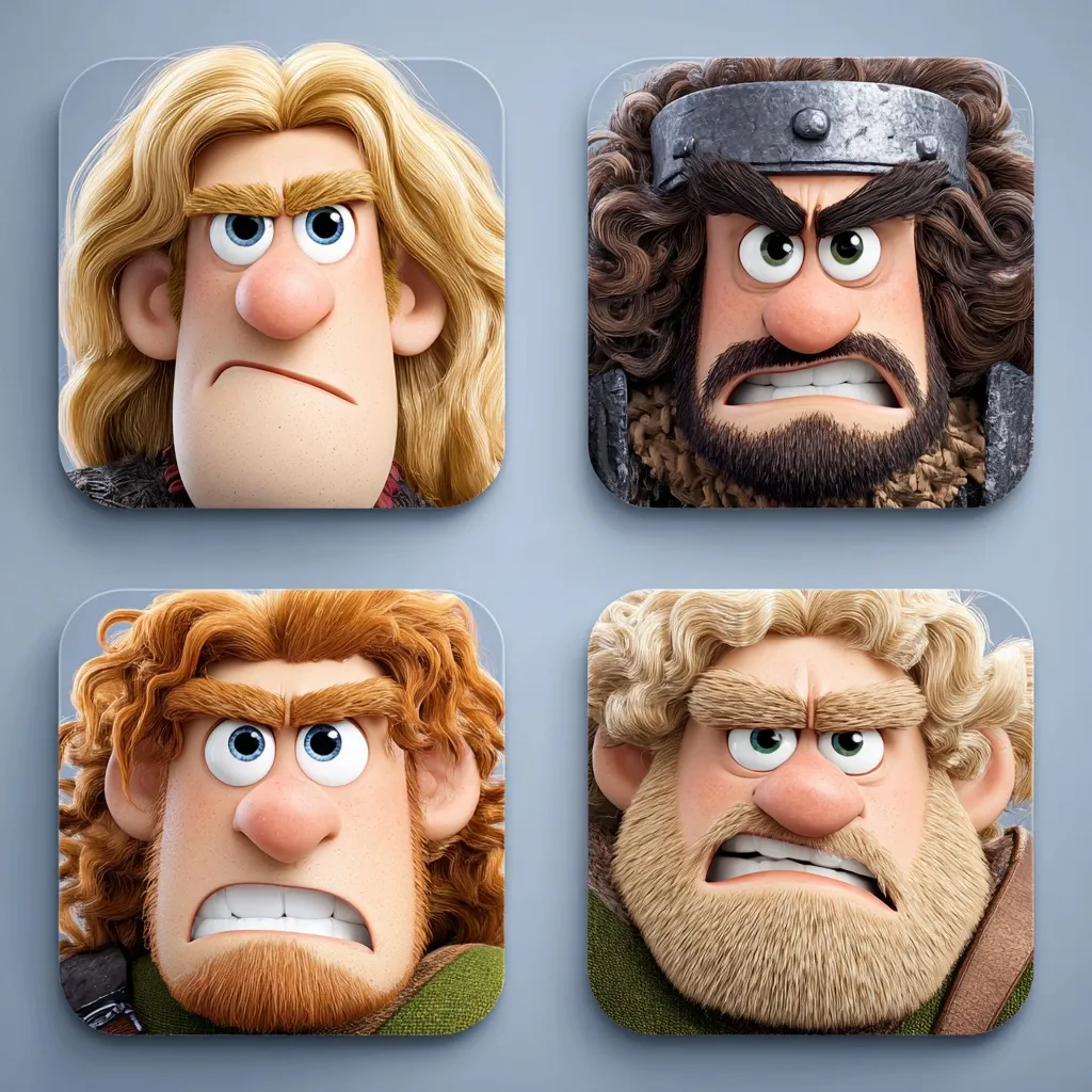 Four square profile images showcase the scowling faces of animated characters from a film, possibly a fantasy or adventure genre.  Each character features exaggerated features: large noses, expressive eyes, and textured hair—blond, brown, and reddish-blond.  The characters appear to be male, possibly Vikings or similar warriors, judging by their attire and hairstyles.  The overall style suggests a 3D animated movie.