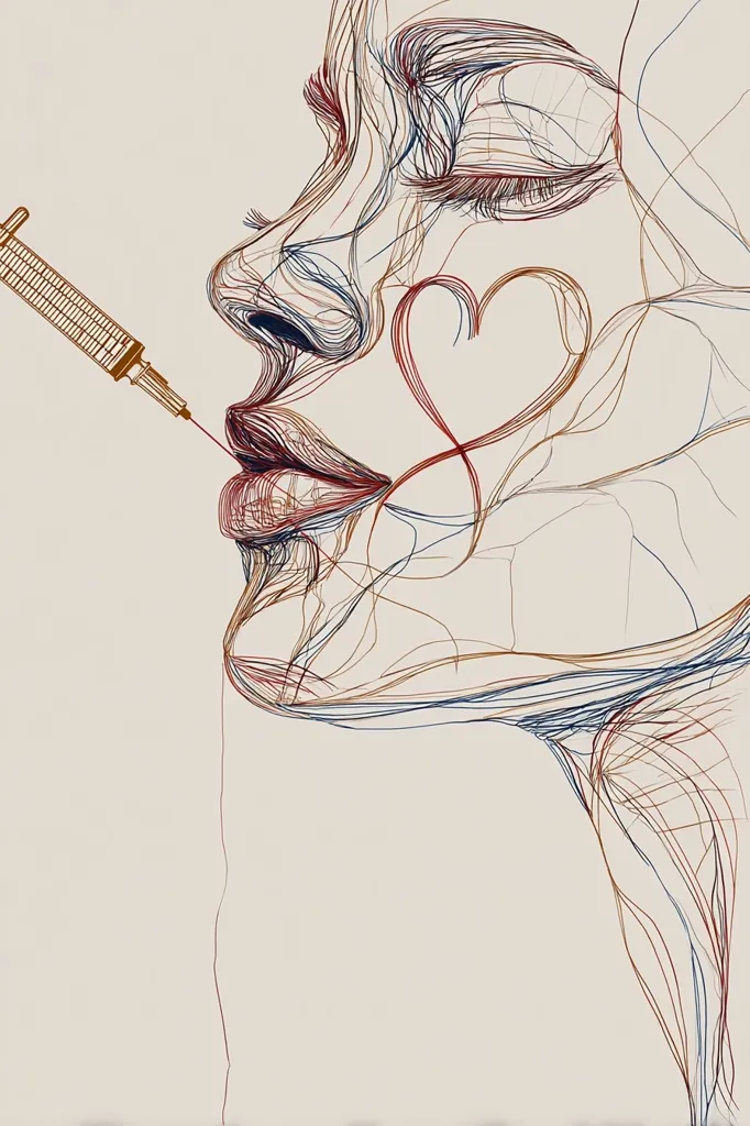 An abstract line drawing depicts a woman's face, rendered in interwoven red, blue, and brown lines.  A syringe is shown injecting a line that forms a heart shape on her cheek. The style is minimalist and evokes a sense of beauty treatments or the fragility of beauty. The image blends artistic expression with a commentary on cosmetic procedures.
