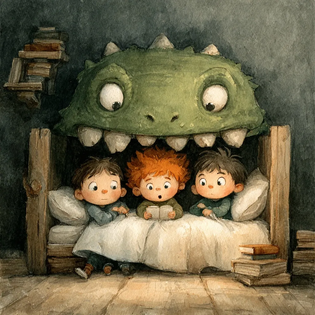 Three young boys are nestled in bed, sharing a book under the looming presence of a friendly, monstrous head acting as a canopy.  Stacks of books flank the bed, adding to the cozy, literary atmosphere. The watercolor illustration evokes a sense of childhood wonder and playful fear.  The monster's wide eyes are expressive, suggesting gentle curiosity rather than menace.