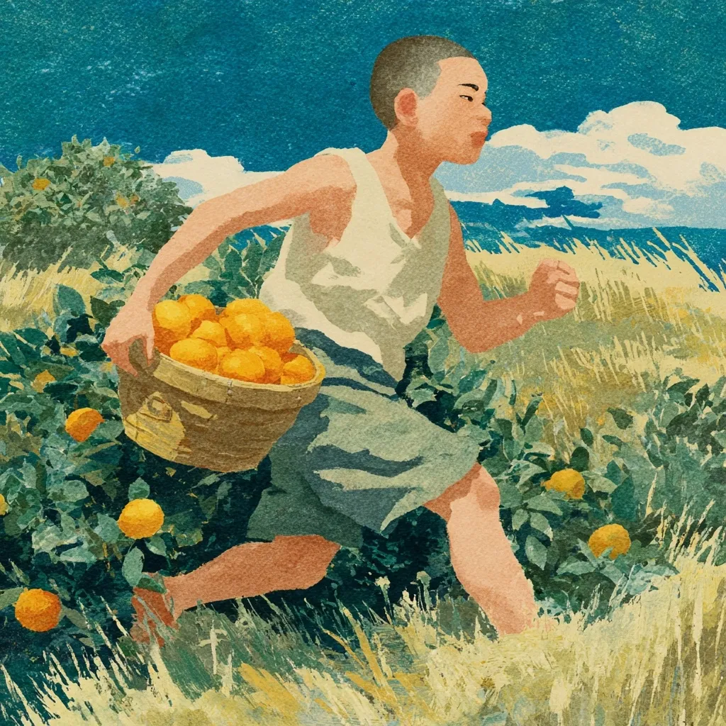 A young boy, depicted in a stylized painting, runs through a field of orange trees. He carries a basket brimming with freshly picked oranges.  The style is reminiscent of a vintage illustration, with a slightly textured and vibrant color palette. The background features a bright blue sky and golden, swaying grasses, creating a sunny, idyllic scene.