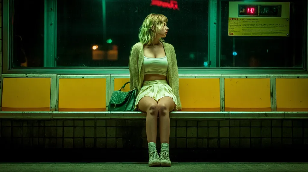 A young woman with short blonde hair sits alone on a yellow bench at a nighttime bus or train station.  She's dressed in a pastel skirt, white crop top, and cardigan, carrying a dark green handbag. The station's green-tinged lighting casts a moody atmosphere, and a digital display shows the time. She appears pensive and awaits transportation.
