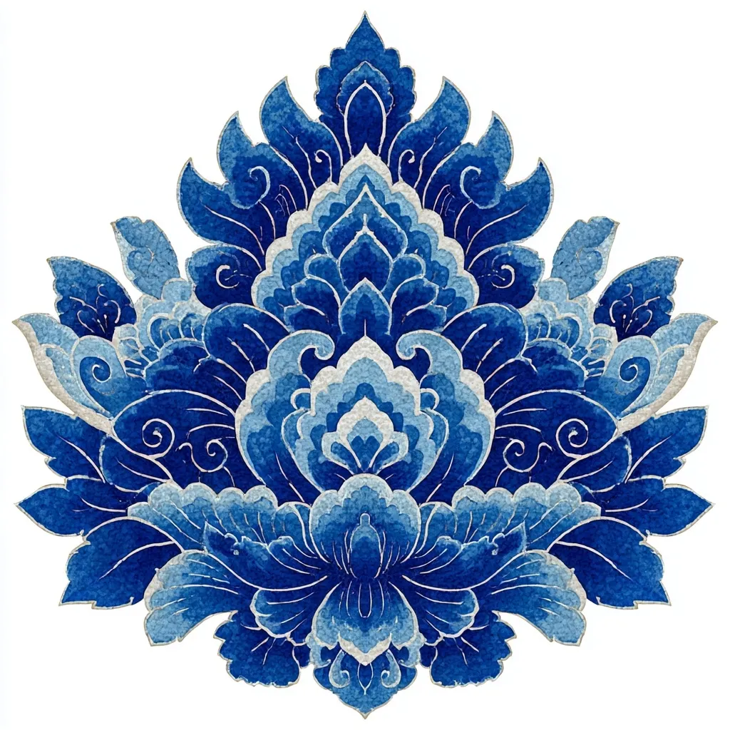 A watercolor painting showcases a vibrant blue floral design, reminiscent of traditional Chinese porcelain patterns.  Intricate detailing and varying shades of blue create a sense of depth and texture.  The central motif is a stylized flower, surrounded by symmetrical, flowing leaves and blossoms, creating a balanced and elegant composition.  The artwork features a textured, almost antique effect, enhancing its visual appeal.