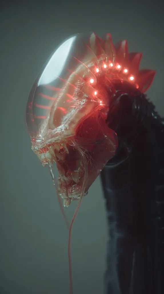 A close-up shot reveals a bio-mechanical creature, its translucent head adorned with glowing red lights. The creature's gaping maw displays sharp teeth, and a viscous substance drips from its lower jaw.  Its body, partially visible, is dark and seems armored.  The overall aesthetic suggests a blend of organic and artificial elements, possibly from a science fiction context.