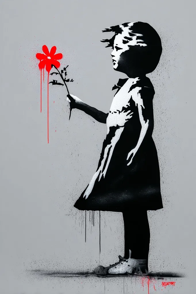 A stencil artwork depicts a young girl, her hair blowing in the wind, holding a red flower with dripping paint.  The girl is rendered in black and white, contrasting with the vibrant red flower, creating a stark and poignant image. The style suggests a street art aesthetic, possibly inspired by Banksy. The overall effect is one of innocence juxtaposed with a hint of sadness or vulnerability.