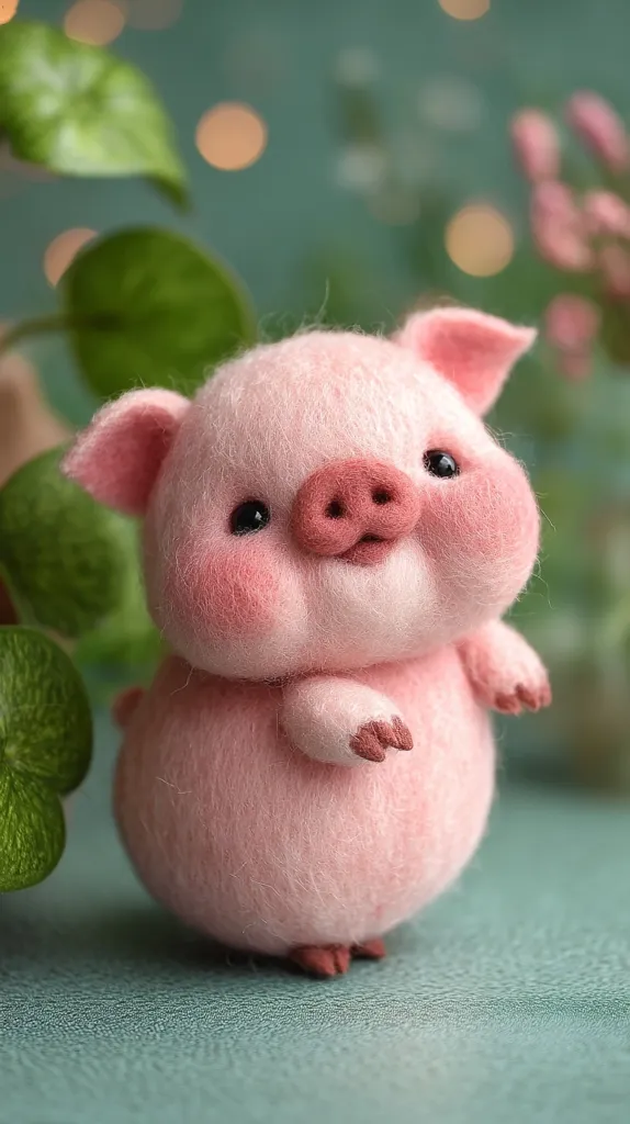 An adorable, handcrafted needle-felted piglet stands on a teal surface.  Its fluffy pink body and tiny hooves are meticulously detailed.  A blurred background of greenery and soft lighting enhances the charming image. The piglet's sweet expression and rounded form make it irresistibly cute.