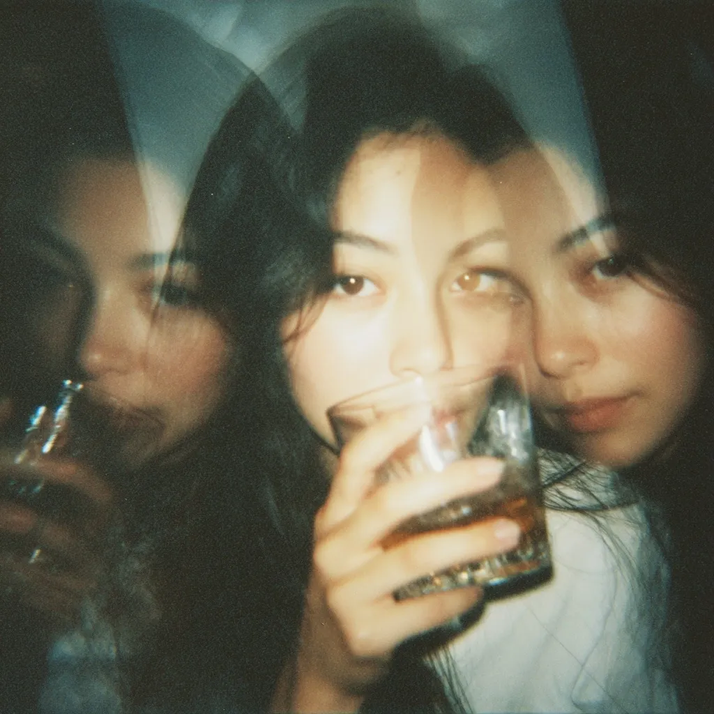 A blurry, double-exposed photograph shows a young woman holding a glass of amber liquid. Her dark hair cascades around her shoulders.  A ghostly image of her face, partially obscured, is superimposed on the main image, creating a dreamlike effect.  The overall mood is moody and atmospheric, enhanced by the film's grain and the subtle lighting.