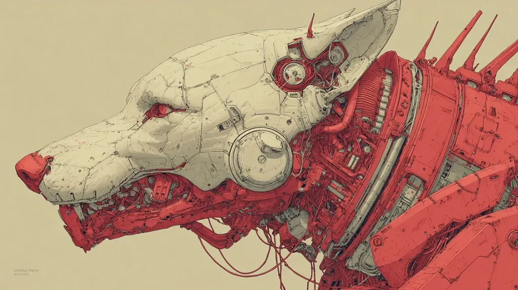 A detailed illustration showcases a robotic canine, its head predominantly off-white, contrasting with the vibrant red of its intricate internal mechanisms. Exposed gears, wires, and pipes are meticulously rendered, suggesting complex internal workings. The style is reminiscent of steampunk or cyberpunk aesthetics, with a focus on mechanical detail and a muted color palette.  The canine's red eyes glow intensely, adding a fierce element to the design.