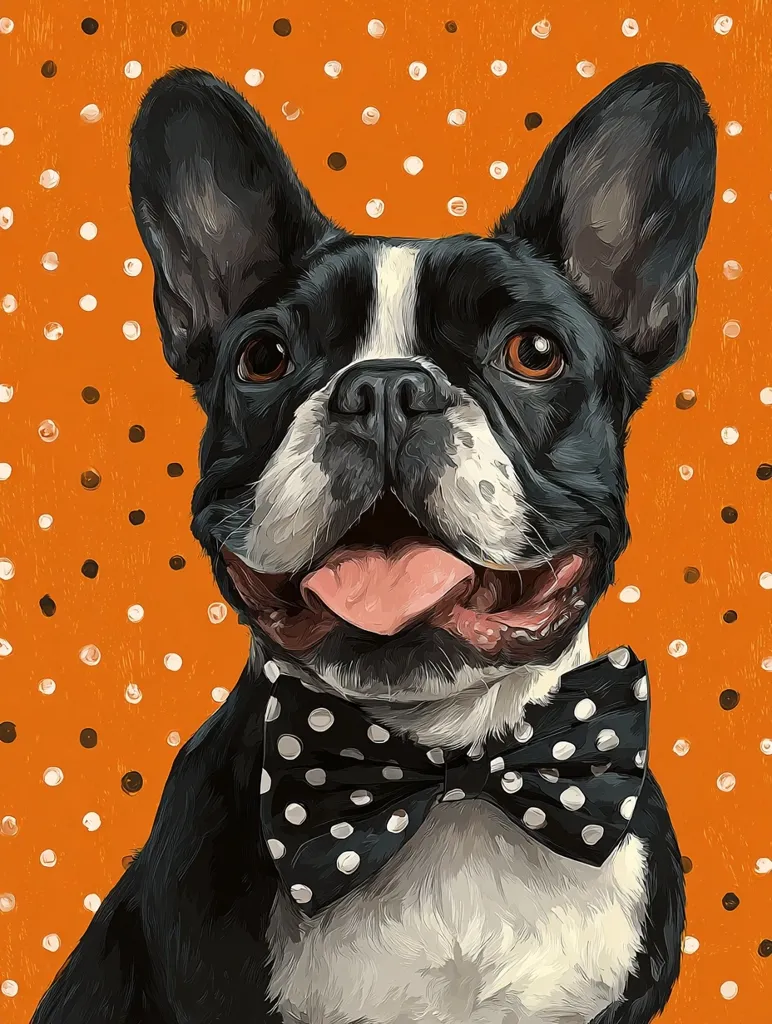 A charming illustration showcases a French Bulldog, adorned with a black-and-white polka-dotted bow tie.  The dog's black and white fur is meticulously detailed, and its expressive eyes and slightly open mouth convey a friendly demeanor. The vibrant orange background features a playful polka-dot pattern, complementing the dog's attire and creating a cheerful, festive atmosphere.  The style is painterly, with visible brushstrokes adding texture and depth.