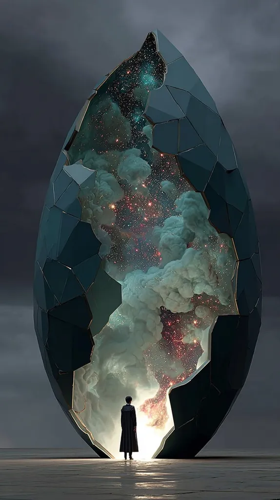 A lone figure stands before a colossal, cracked, egg-shaped structure.  The shell, dark teal and geometric, reveals an inner cosmos – swirling nebulae and distant stars.  The scene is dramatic, with a muted color palette and a brooding sky. The contrast between the human scale and the immense cosmic display within the structure evokes a sense of wonder and the unknown.