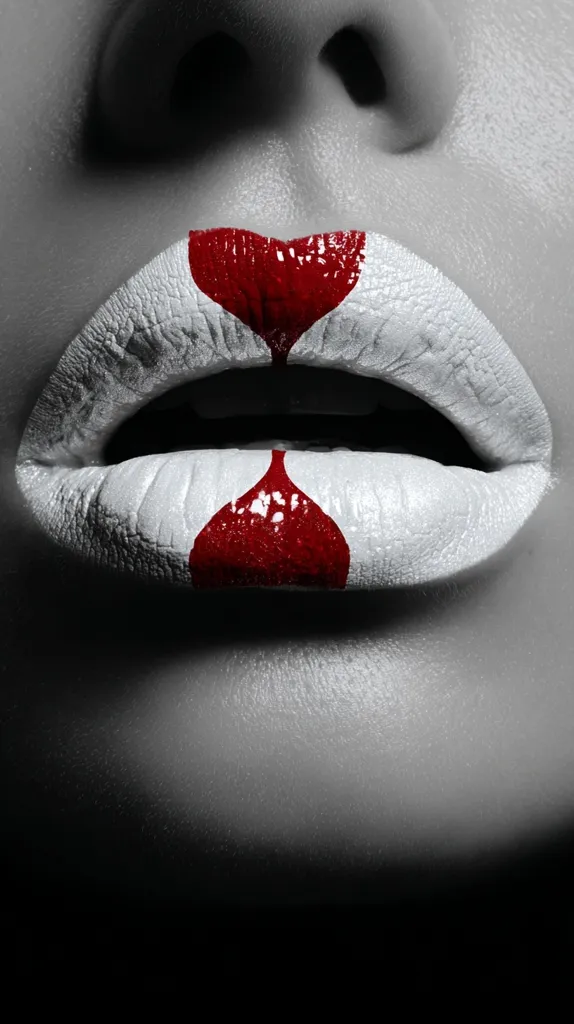 Close-up of a woman's lips with bold, artistic makeup.  The lips are predominantly white, with a striking red design forming a stylized heart shape on both the upper and lower lip. The monochrome background emphasizes the vibrant red accent against the pale lips and skin.  The image is a study in contrast and texture, highlighting the detail of the lip's surface.