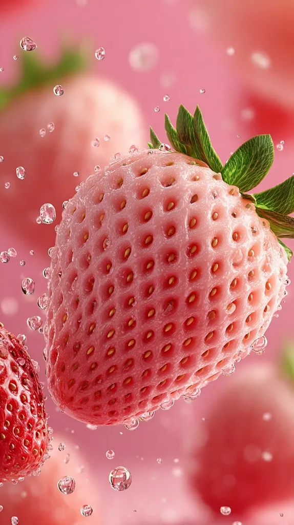 A close-up shot showcases two vibrant strawberries submerged in a pink liquid. Water droplets cling to their surfaces, enhancing their juicy appearance.  The foreground strawberry is in sharp focus, its textured skin and green leaves clearly visible. The background blurs, suggesting a refreshing, possibly sparkling beverage.  The overall image is bright, saturated, and evokes a feeling of sweetness and refreshment.