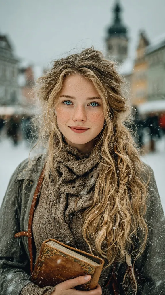 A young woman with long, blonde, wavy hair dusted with snowflakes stands in a snowy town square.  She wears a warm, knitted scarf and a muted green jacket.  She holds an antique-looking book close to her chest, her blue eyes gazing directly at the camera. The overall mood is serene and enchanting, evoking a sense of winter magic.