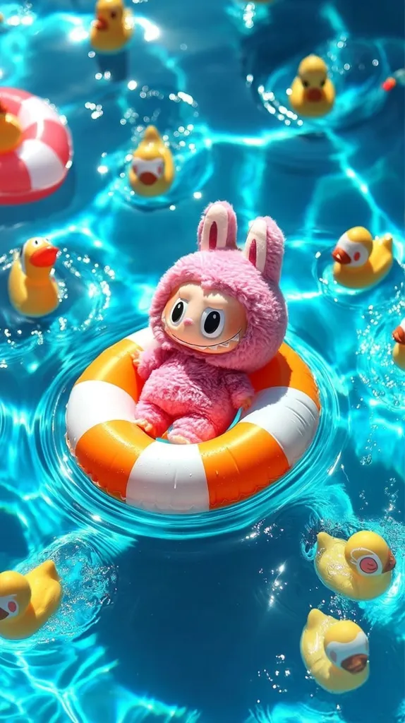 A pink bunny-eared character floats on an orange life ring in a sparkling blue pool.  Surrounding it are numerous yellow rubber ducks, some in the water, others near the edges. The scene is bright, cheerful, and evokes a summery, playful atmosphere.  The clear water allows for visibility of the pool's bottom.