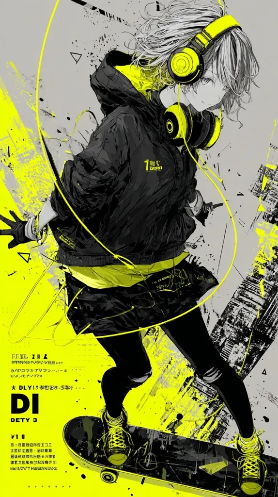 A stylized illustration depicts a young woman with blonde hair wearing large yellow headphones, a black jacket, and yellow accents. She's skateboarding, her pose dynamic against a backdrop of bold yellow and black splashes. The artwork features a blend of graffiti and anime styles, creating a vibrant and energetic image.  Japanese text is visible, possibly album or product details.