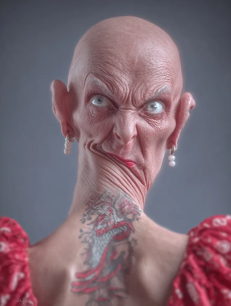 A 3D rendering depicts a bald, elderly woman with exaggerated features, turning her head to reveal a vibrant tattoo on her neck.  Her expression is mischievous and slightly sinister.  She wears pearl earrings and a red, ruffled top. The image is highly detailed, showcasing realistic skin texture and the intricate design of the tattoo. The overall effect is both captivating and slightly unsettling.
