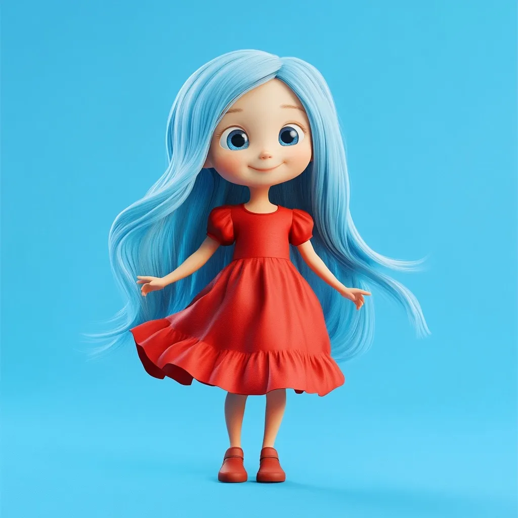 A charming 3D-rendered girl with long, flowing light blue hair is depicted. She wears a vibrant red dress with ruffled detailing and red shoes. The girl's large, expressive blue eyes and cheerful expression add to her endearing charm.  The backdrop is a solid light blue, providing a clean and simple contrast to her outfit. The overall style is cute and playful.