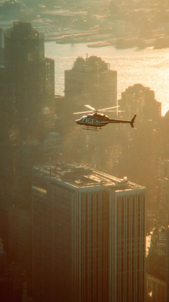 A helicopter flies over a hazy cityscape.  Tall buildings rise from the water's edge, bathed in golden sunlight.  The atmosphere is slightly obscured by atmospheric haze, giving a vintage feel to the image.  The helicopter is centrally positioned, offering a sense of scale and perspective.  The overall scene evokes a sense of urban grandeur.
