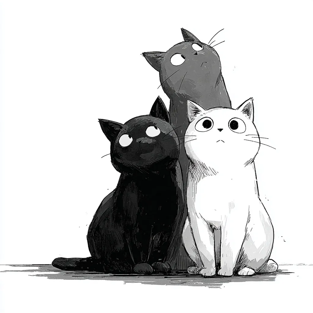 Three stylized cats sit together, gazing upward.  One is black, one is gray, and one is white.  They are drawn in a monochromatic style with varying shades of gray, creating a simple yet expressive image. The cats' large eyes and upright posture convey curiosity and wonder.  The artwork has a slightly whimsical and charming quality.