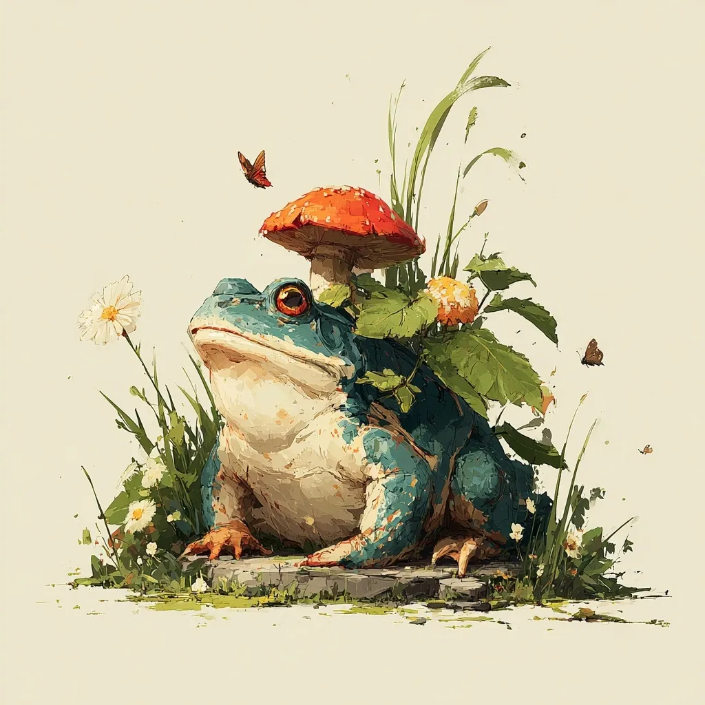 A whimsical painting depicts a large, teal-colored frog sitting serenely amidst a vibrant patch of wildflowers and grasses.  A bright red mushroom sits atop the frog's head, adding to the fantastical scene.  Small butterflies flutter nearby, completing the idyllic, nature-inspired artwork with a painterly, textured style.