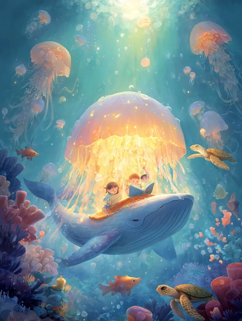 A whimsical underwater scene depicts three children nestled in a whale, reading a book beneath a luminous jellyfish.  Surrounding them are vibrant corals, playful fish, and gentle sea turtles, creating a magical and peaceful atmosphere.  The soft light filtering through the water enhances the dreamlike quality of this enchanting illustration.