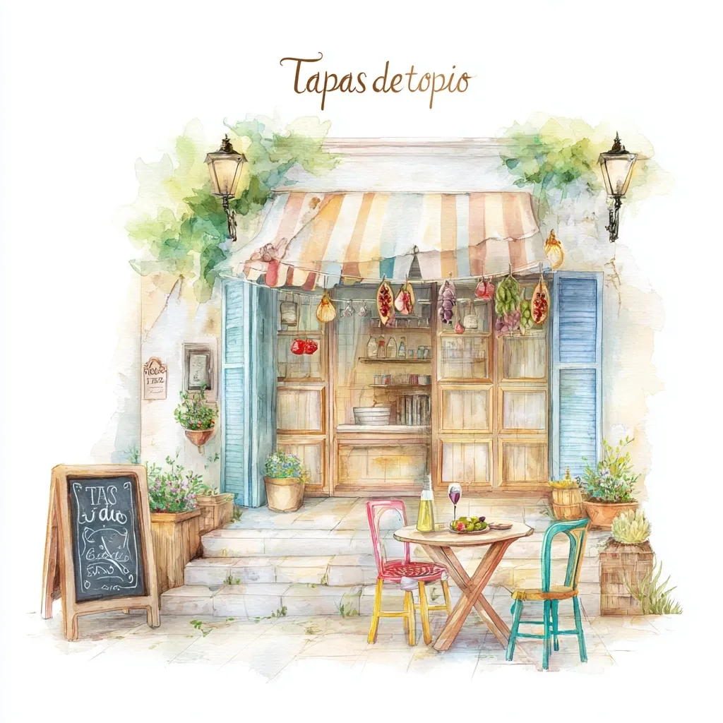 A charming watercolor painting depicts "Tapas detopio," a quaint tapas shop.  Its striped awning shelters a rustic storefront filled with hanging produce and shelves stocked with goods.  Two colorful chairs and a small table sit outside, set for a meal of tapas and wine.  The scene is bathed in warm sunlight, creating a relaxed, inviting atmosphere.  A chalkboard menu adds a touch of whimsy to the idyllic setting.