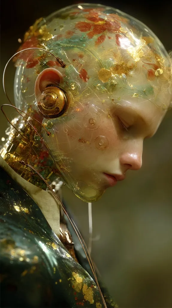 A digital painting depicts a cyborg with a transparent head showcasing intricate gold and floral details.  Gold wires and mechanical components are visible beneath the translucent skull. The cyborg's face is pale and serene, its gaze directed downward.  The figure is dressed in a dark green garment adorned with gold accents, creating a blend of organic and technological elements. The overall mood is melancholic and ethereal.