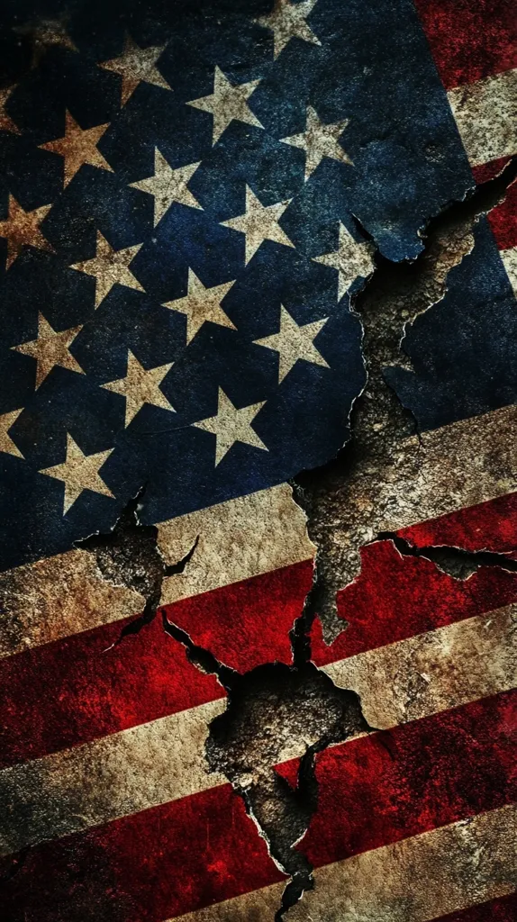 A distressed American flag is depicted, its surface cracked and weathered.  The stars and stripes are visible, but the flag is fragmented, suggesting decay or damage.  The image uses dark, muted colors, emphasizing the aged and worn condition of the flag.  The cracks create a dramatic effect, drawing the eye to the fragility of the image.