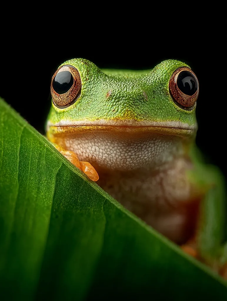 A vibrant green tree frog with striking orange-brown eyes peers inquisitively from behind a large, dark green leaf.  Its smooth, glistening skin and delicate orange toes are clearly visible. The frog's body is partially hidden, creating a sense of mystery and intrigue against the stark black background. The image focuses on the frog's captivating gaze and intricate details.