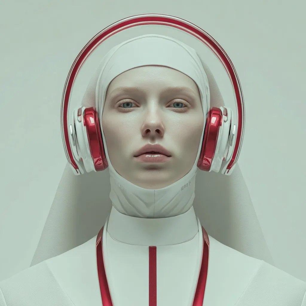 A stylized image depicts a nun wearing sleek, red and white headphones.  Her pale face and serene expression contrast sharply with the modern technology. The nun's habit is pristine white, creating a striking juxtaposition between traditional religious attire and futuristic audio equipment. The overall aesthetic is minimalist and somewhat surreal.