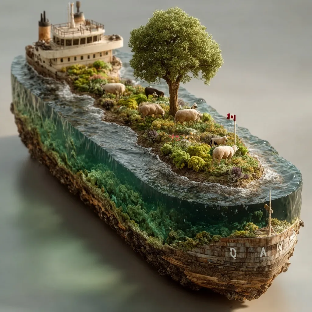 A meticulously crafted miniature diorama depicts a tranquil island scene nestled within a partially submerged shipwreck.  A lush green landscape, complete with a tree, sheep, and a small Canadian flag, rests atop the decaying vessel.  The clear resin encases the island and flowing water, revealing vibrant underwater flora below. The detail and artistry showcase a serene, yet slightly melancholic, miniature world.