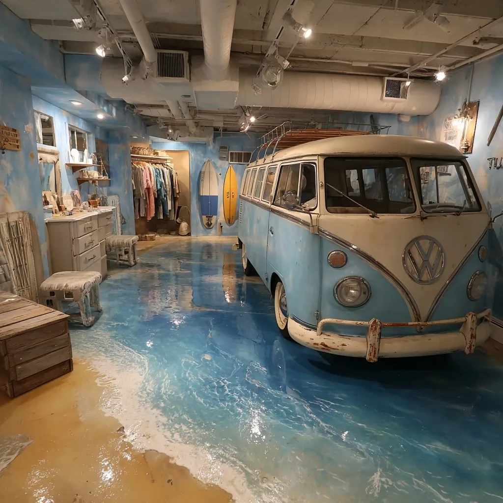 A beach-themed boutique boasts a stunning ocean wave epoxy floor.  A vintage Volkswagen bus sits centrally, flanked by surfboards leaning against the wall.  The walls are painted a calming blue, and the space includes clothing racks, a vanity, and rustic wooden furniture, creating a relaxed, surf-inspired atmosphere. The overall design evokes a sense of coastal tranquility.