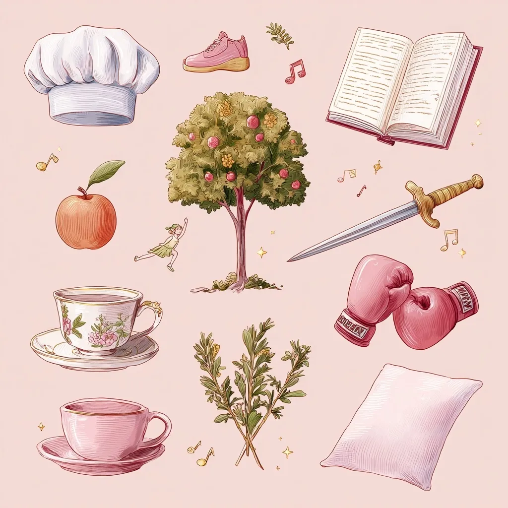 A whimsical collection of illustrations on a pale pink background includes a chef's hat, sneakers, a book, an apple tree, a peach, a fairy, a sword, boxing gloves, teacups, rosemary sprigs, and a pillow.  Musical notes and sparkling elements add to the lighthearted, fairytale-like atmosphere.  The style is reminiscent of vintage children's book illustrations.