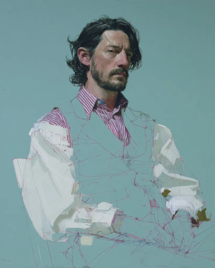 A portrait painting of a man with dark hair and a beard, wearing a pink and white striped shirt under a light teal vest and white shirt.  The style is realistic but incorporates visible brushstrokes and underlying sketching, suggesting a process of artistic creation. The background is a muted teal, creating a calm and contemplative mood. The man's expression is serious and thoughtful.