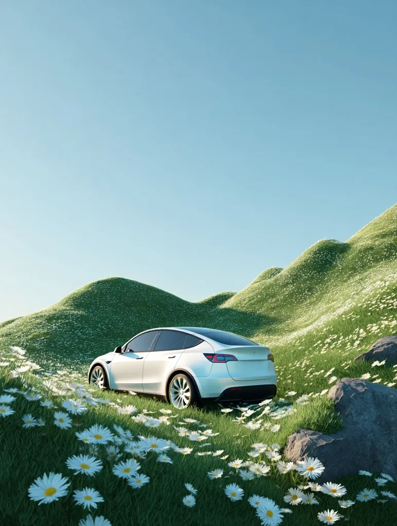 A white Tesla Model Y rests on a gently sloping hillside blanketed in lush green grass and daisies.  The clear blue sky provides a serene backdrop.  The scene evokes a sense of calm and the harmony between nature and modern technology.  Rocks are scattered naturally across the field, adding to the idyllic landscape.