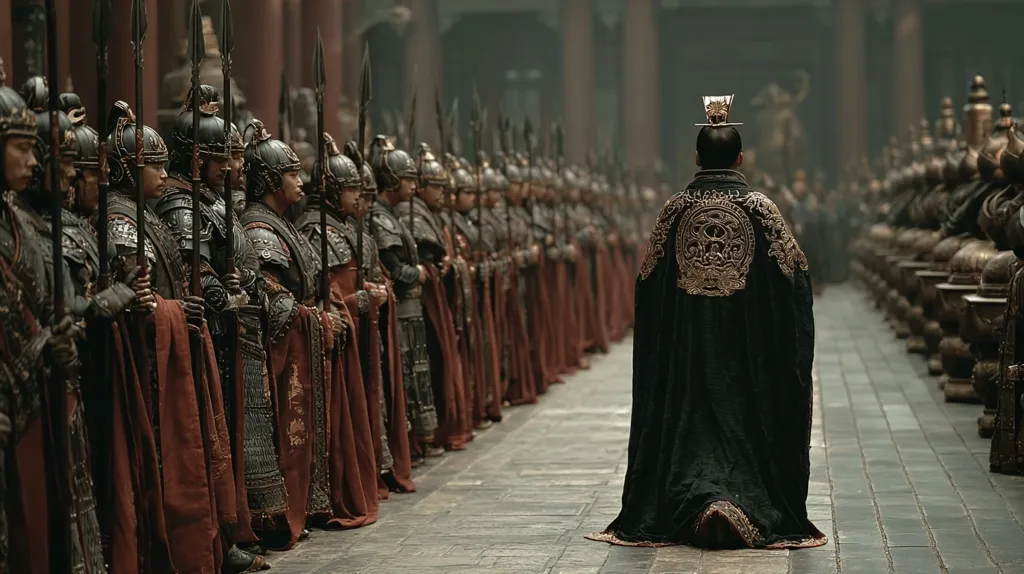 A lone figure, adorned in an elaborate black robe with gold embroidery, walks down a long stone corridor.  He is flanked by two lines of soldiers in dark armor and maroon cloaks, holding spears.  The scene suggests a powerful emperor or high-ranking official making their way through a grand palace or temple, surrounded by their loyal guard. The atmosphere is one of solemn authority and power.