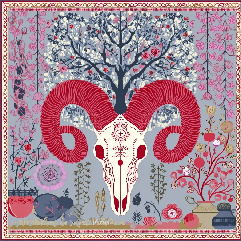 A square artwork features a ram's skull with large, crimson horns centered against a muted gray background.  The skull is adorned with intricate white detailing.  It's framed by a vibrant floral border, including flowering trees and plants in shades of pink, red, and blue.  The overall style is reminiscent of traditional textile art or a tapestry.  The image is bordered with a repeating ornate pattern.