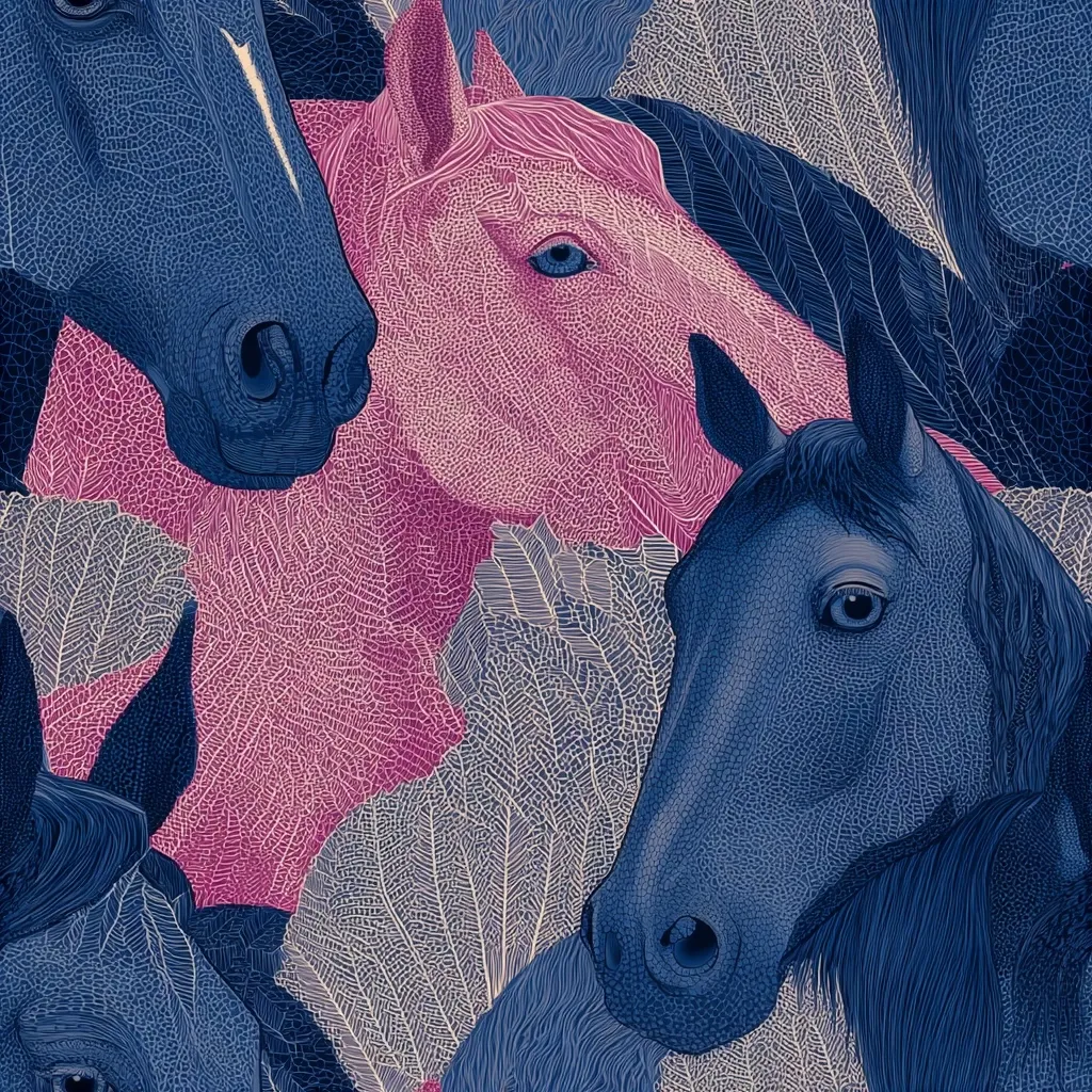 Close-up of a detailed illustration featuring three horses' heads, rendered in shades of blue and pink.  The horses' coats appear to be textured like leaf veins, overlaid on a background of stylized foliage.  The image is a seamless pattern, with parts of other horses visible at the edges. The artistic style is intricate and highly detailed, suggesting a print or textile design.