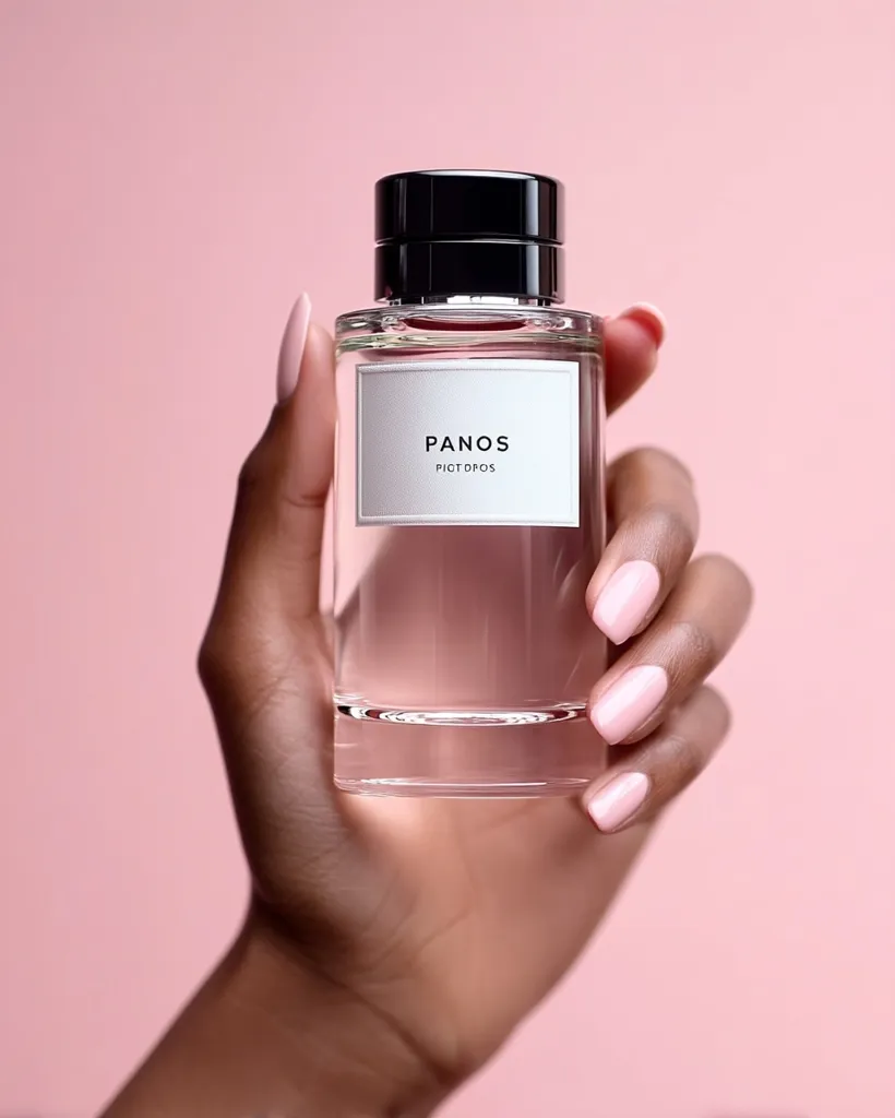 A hand gently holds a bottle of Panos Pictopos perfume. The bottle is clear glass, revealing a pale pink liquid, with a black cap and minimalist white label.  The image is set against a soft pink background, highlighting the elegant simplicity of the fragrance and its packaging. The hand's skin tone contrasts beautifully with the muted pink.