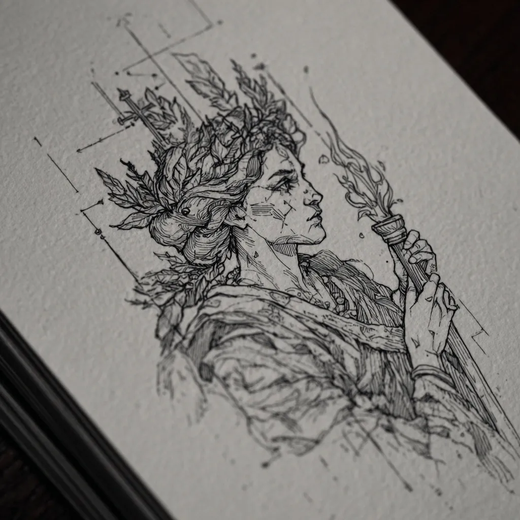 A detailed ink drawing depicts a woman, crowned with intricate leafy headdress and cross-like ornaments.  She holds a flaming torch, her expression serene yet strong.  The style is reminiscent of Art Nouveau, with fine lines and shading creating a sense of depth and texture. Geometric elements subtly frame the figure, adding a modern touch to the classical aesthetic. The overall effect is one of elegant strength and quiet power.