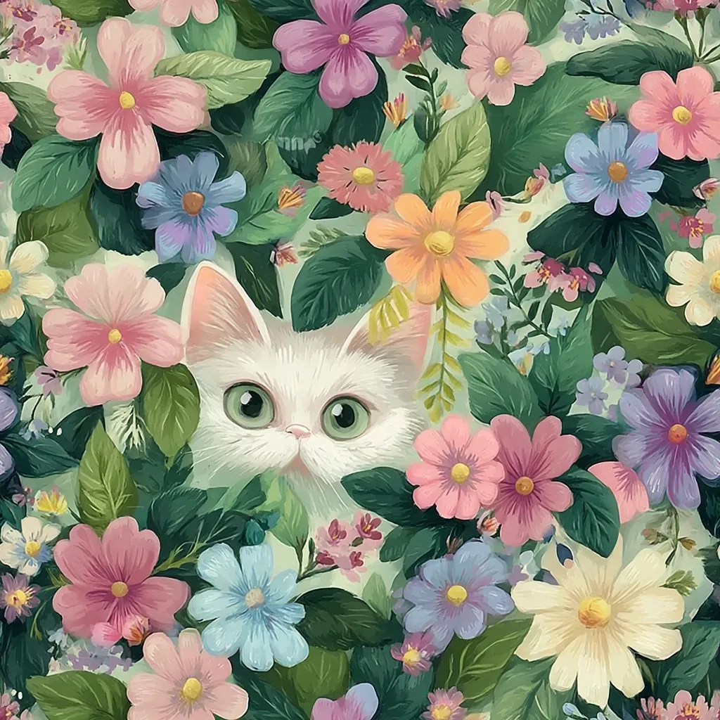 A white kitten with striking green eyes peeks from a vibrant garden of colorful flowers.  Pastel pink, purple, blue, and yellow blossoms surround the adorable feline, creating a charming and whimsical scene. The lush green foliage adds depth and contrast to the bright floral display. The image is a delightful blend of nature and animal themes, showcasing a sweet and playful aesthetic.