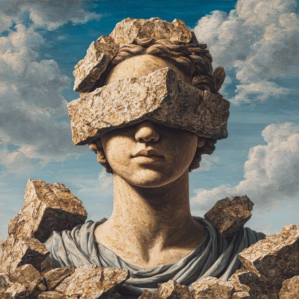 A hyperrealistic painting depicts a classical bust, its eyes obscured by large, rough-hewn stones.  The bust, seemingly made of stone, is partially buried in a pile of rocks against a dramatic sky filled with fluffy clouds.  The overall effect is one of suppression or hidden knowledge, with the stone acting as a metaphor for concealment. The style is meticulously detailed, emphasizing texture and form.