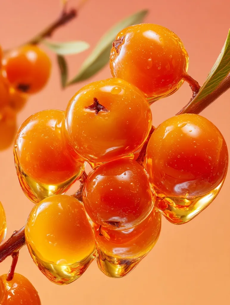 A close-up shot reveals a cluster of sea buckthorn berries glistening with a honey-like glaze.  The vibrant orange orbs are plump and juicy, clinging to their branch.  Leaves are partially visible, adding to the natural, fresh appearance. The background is a soft, warm peach color, enhancing the berries' rich hue. The image evokes a sense of sweetness and natural goodness.