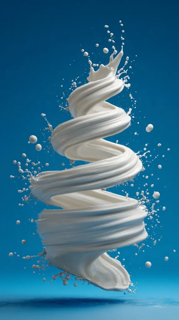 A spiraling stream of white liquid, possibly milk or cream, dominates the image against a vibrant blue backdrop.  The liquid is dynamically depicted in motion, with splashes and droplets frozen mid-air, creating a sense of fluidity and energy. The overall composition is visually striking, highlighting the texture and movement of the substance.