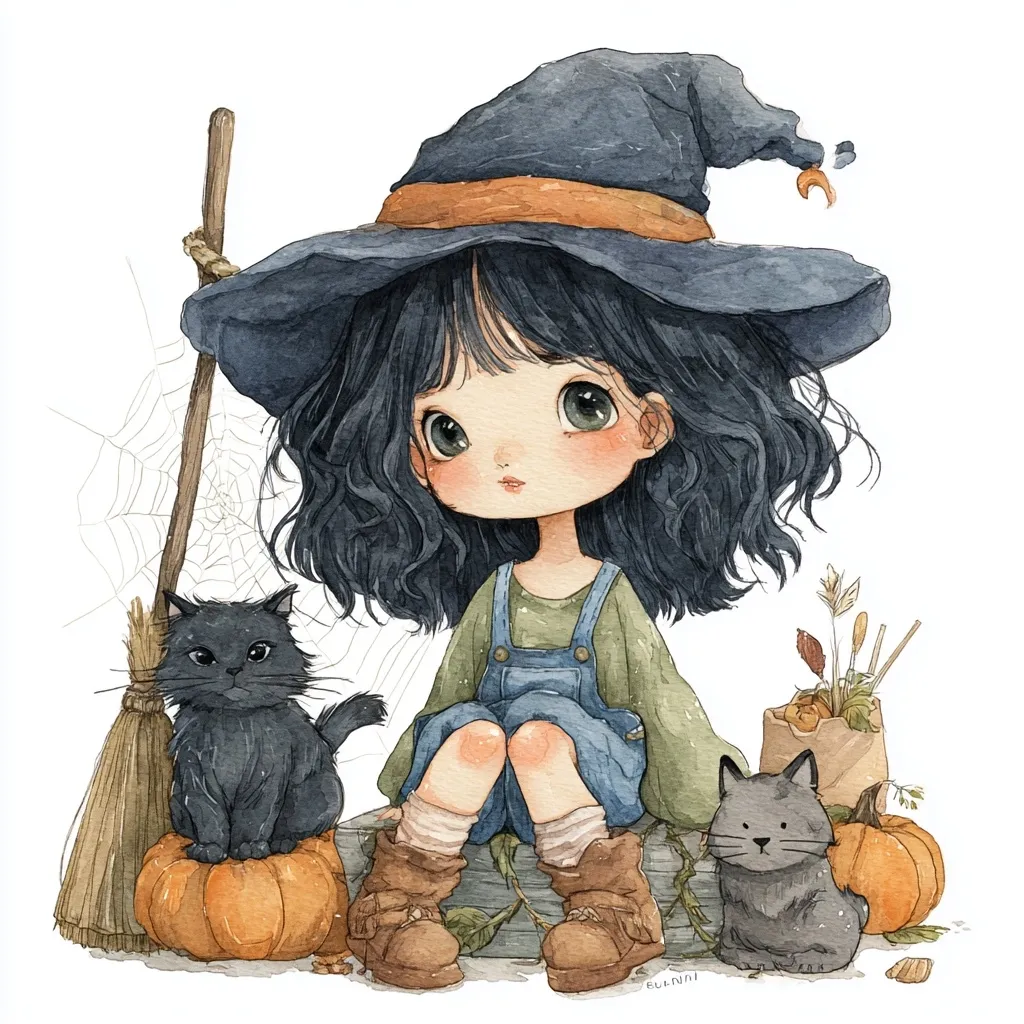 A charming watercolor illustration depicts a cute chibi witch girl with large eyes, wearing a pointed hat and overalls. She sits on a stack of pumpkins with two black cats beside her, one on a pumpkin and the other nearby. A broom and spiderweb add to the Halloween theme. The overall style is soft and whimsical.