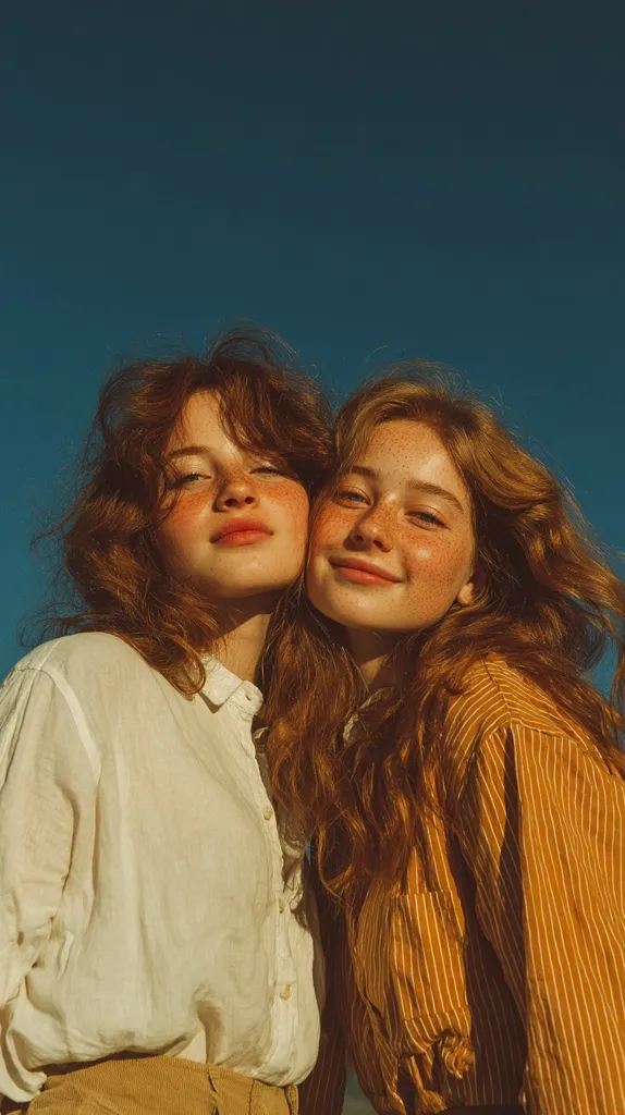 Two young women with long, curly auburn hair stand close together against a clear blue sky.  The woman on the left wears a cream-colored shirt and mustard-colored pants, while the woman on the right wears a mustard-colored striped shirt. Both have freckles and are smiling softly, bathed in warm, golden sunlight.  The image evokes a feeling of warmth, friendship, and carefree youth.