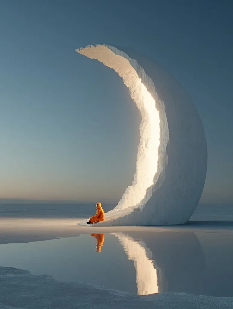 A lone figure in an orange spacesuit sits atop a colossal, glowing crescent moon structure on a serene, icy landscape. The moon, seemingly carved from ice or a similar material, is illuminated from within, casting a warm light against the cold backdrop. The calm water reflects the scene perfectly, creating a surreal and dreamlike atmosphere. The image evokes themes of solitude, exploration, and the contrast between warmth and cold.