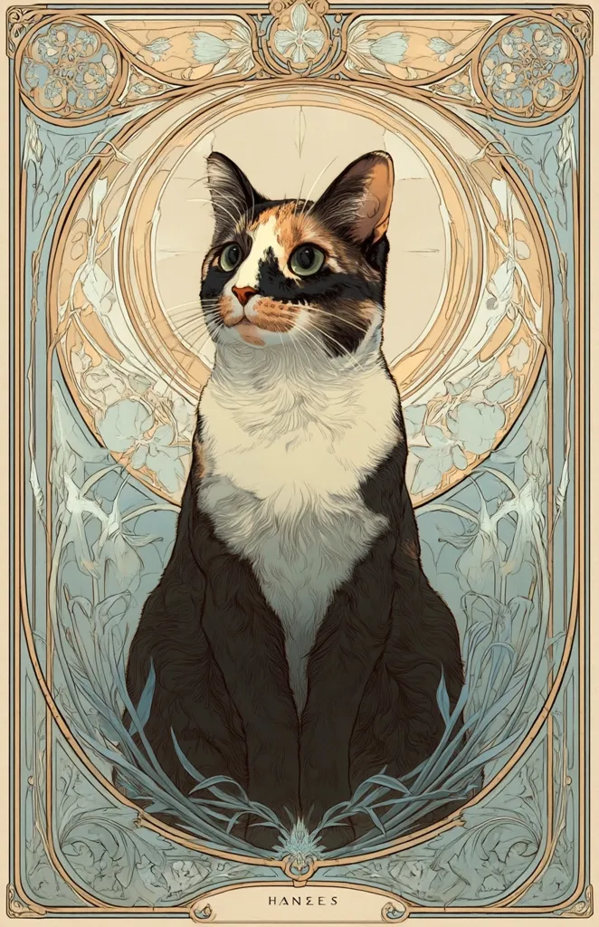 An art deco-style portrait of a calico cat.  The cat is depicted in a seated position, gazing upward with a serene expression.  It's surrounded by an ornate, Art Nouveau-inspired frame featuring flowing lines, floral motifs, and a muted pastel color palette of blues and beige.  The artist's signature, "HANZES," is subtly placed at the bottom. The image evokes a sense of elegance and sophistication.