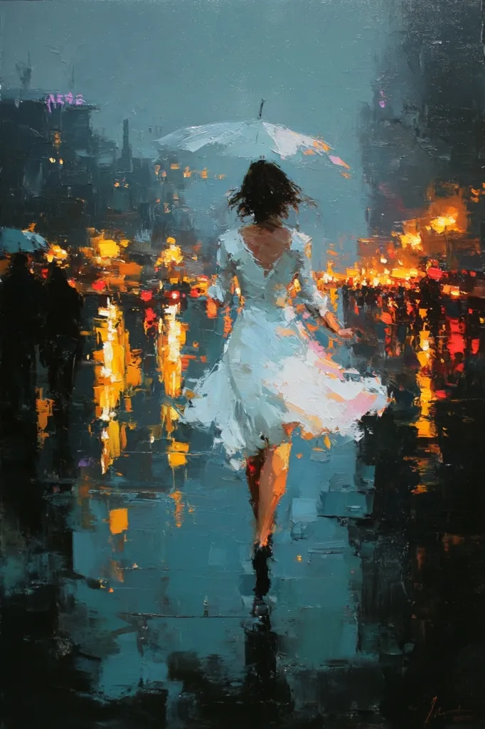 A woman in a white dress walks through a rain-swept city street at night.  She carries a white umbrella, her back to the viewer.  The painting uses a loose, impressionistic style, capturing the blurred lights of the city reflecting on the wet pavement and the movement of the woman's dress.  The atmosphere is moody and romantic, evoking a feeling of solitude and urban beauty.